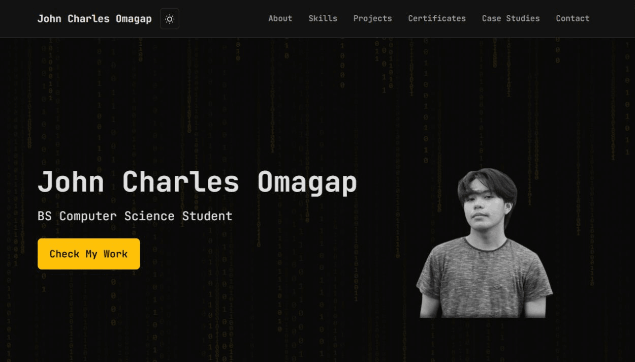 Terminal-inspired portfolio with matrix rain, monochrome portrait, and yellow call to action