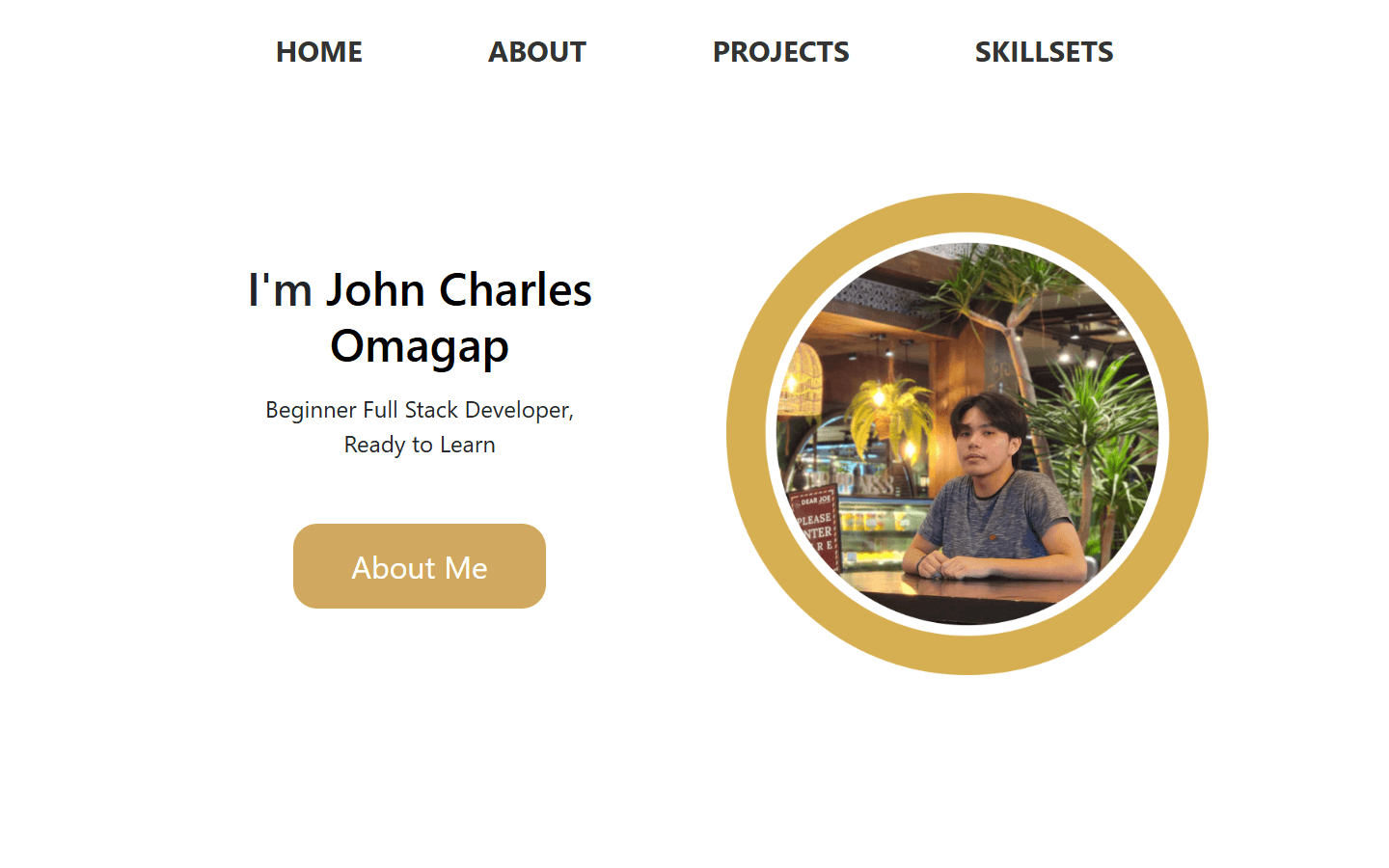 Portfolio v1 with a bright React layout, large circular portrait, and gold accent