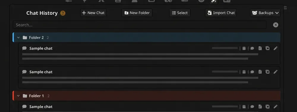 Cropped Too Many Chats interface preview organizing synthetic SillyTavern chats into colored folders