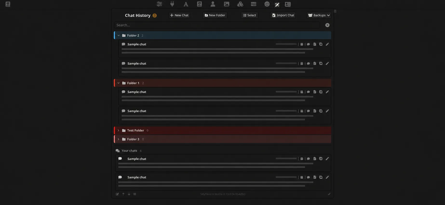 Too Many Chats interface organizing visibly synthetic SillyTavern chats into colored folders
